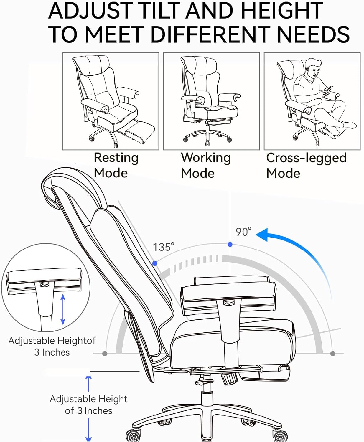 Efomao Big and Tall Office Chair 450LBS with Foot Rest, High Back PU Leather Executive Office Chair with Adjustable Padded Armrests, Lumbar Support for Home or Work, Heavy Duty Computer Chair, White