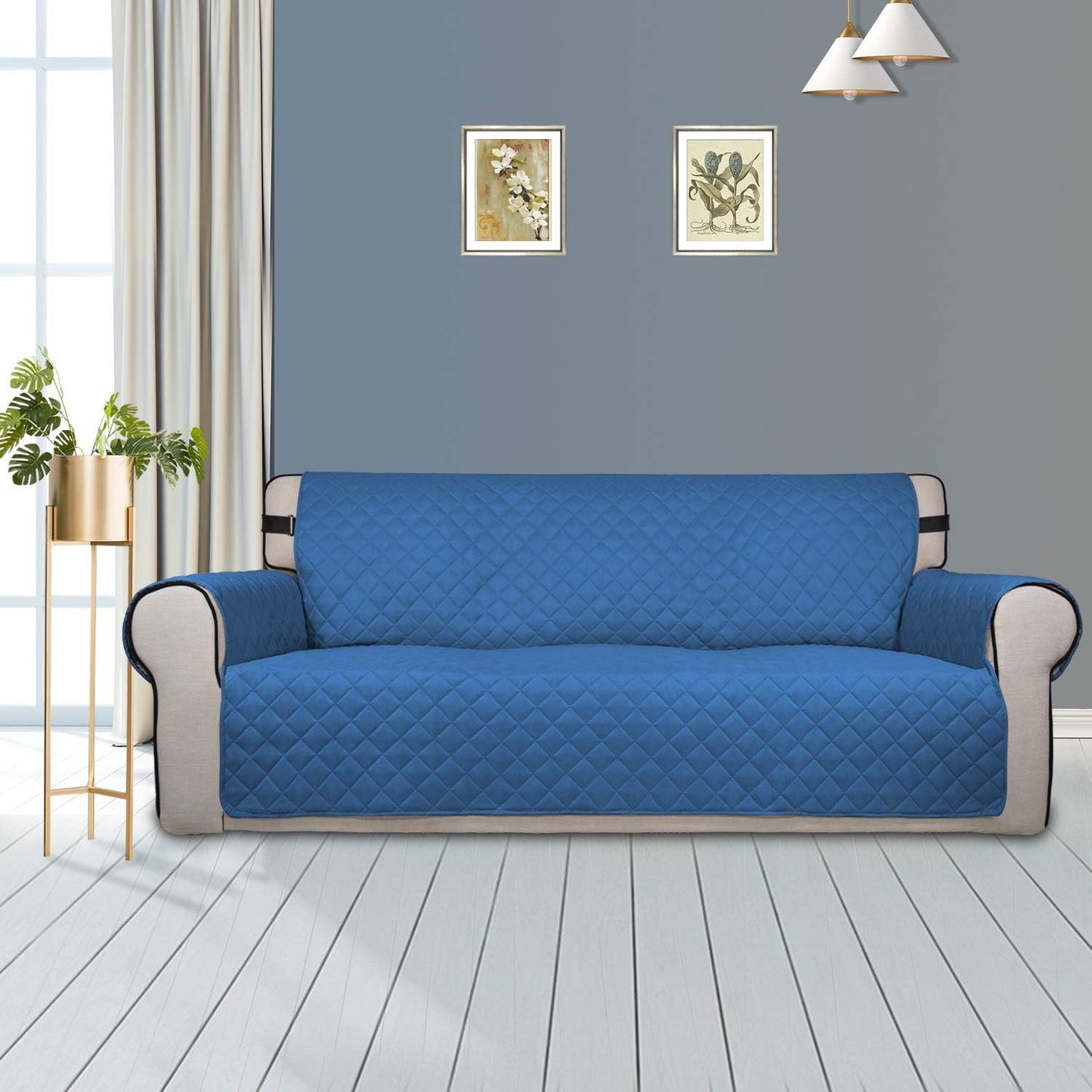 PureFit Reversible Sofa Couch Cover Water Resistant Couch Covers for 3 Cushion, Washable Furniture Cover with Non-Slip Foam and Adjustable Strap for Dogs, Pets (Sofa, Blue/Ivory)