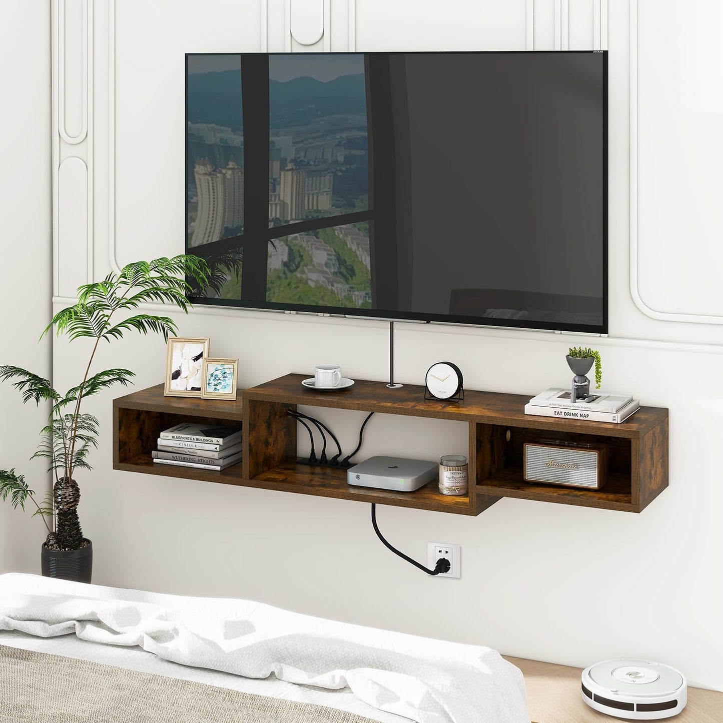 IBUYKE 59" Floating TV Stand Wall Mounted with Power Outlet,Wood Wall Mounted Media Console Shelf,Floating Entertainment Center for Under TV Storage for Living Room Bedroom Office,Rustic Brown WST007H