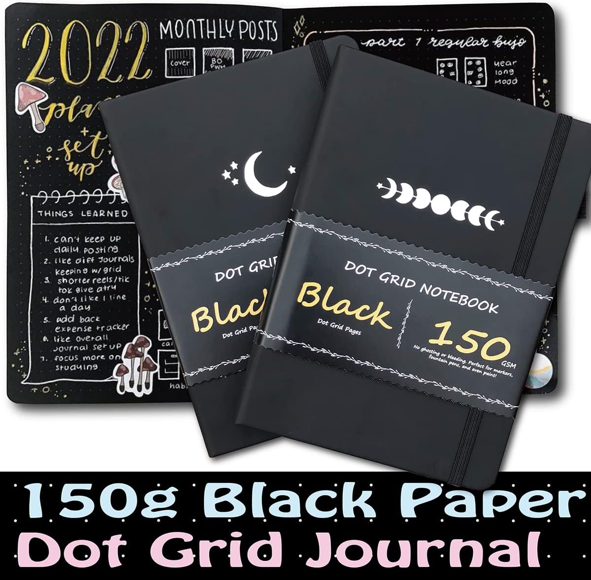BUKE Dotted Journal - Dot Grid Notebook - 150gsm No Bleed Black Paper - 160 Black Pages - For Women and Men - A5 PU Leather Hardcover 5.75" x 8.5" and Gift Box (BKB-3)