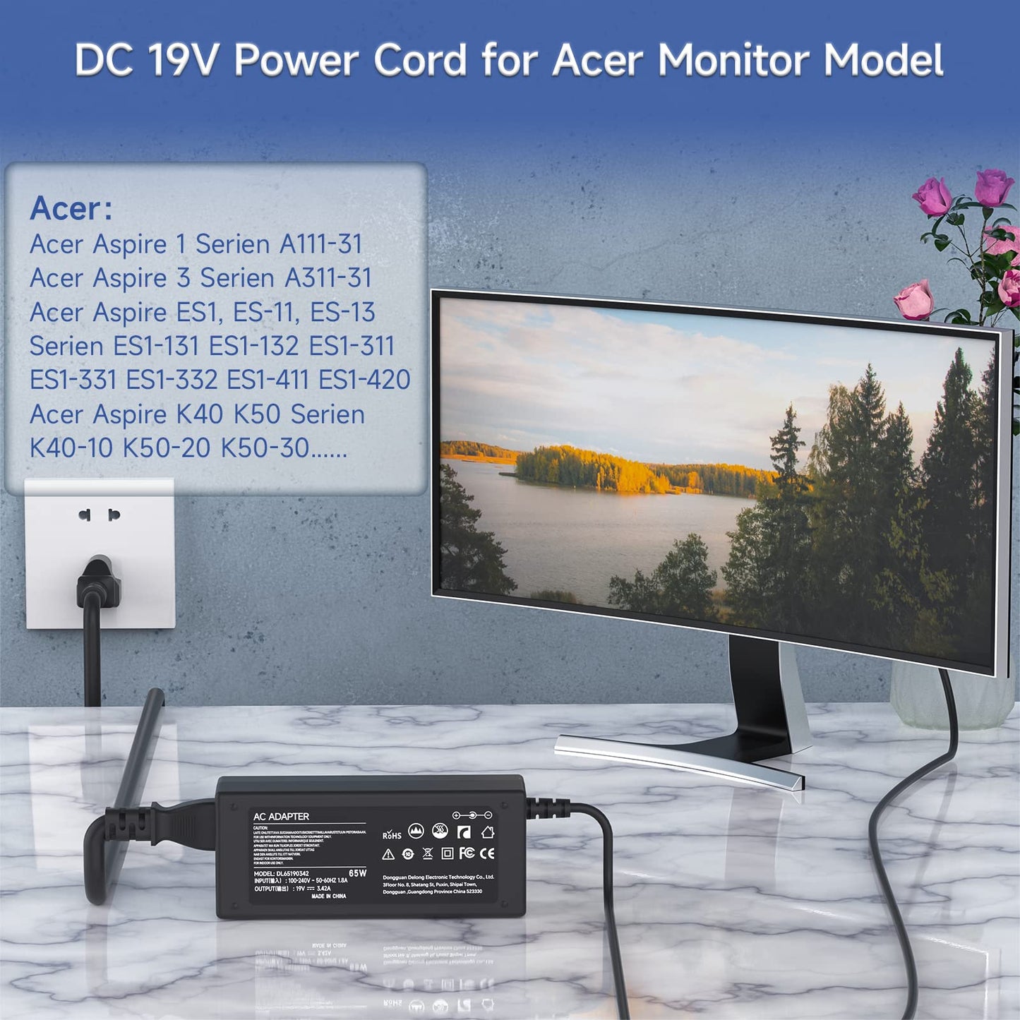 I Ibacase 19V 65W Ac Adapter Power Cord Compatible With Acer Lcd Monitor Sa370 H226Hql And More Series - Replacement Charger