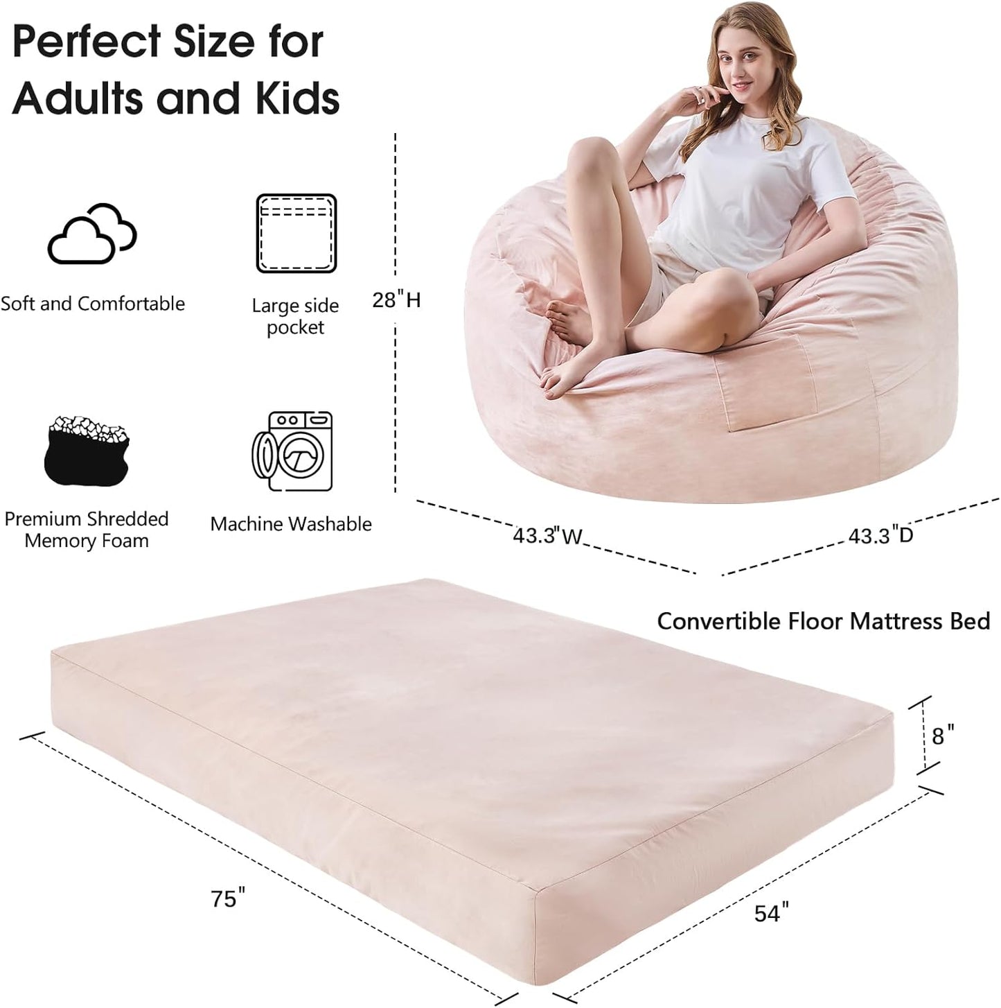 Bean Bag Chairs for Adults - Giant Bean Bag Chair Convertible Bean Bag Bed - Beanbag Chair with Micro Fiber Cover/Furniture Foam Filler - Floor Couch Sofa in Bedroom Dorm Room - Full Pink