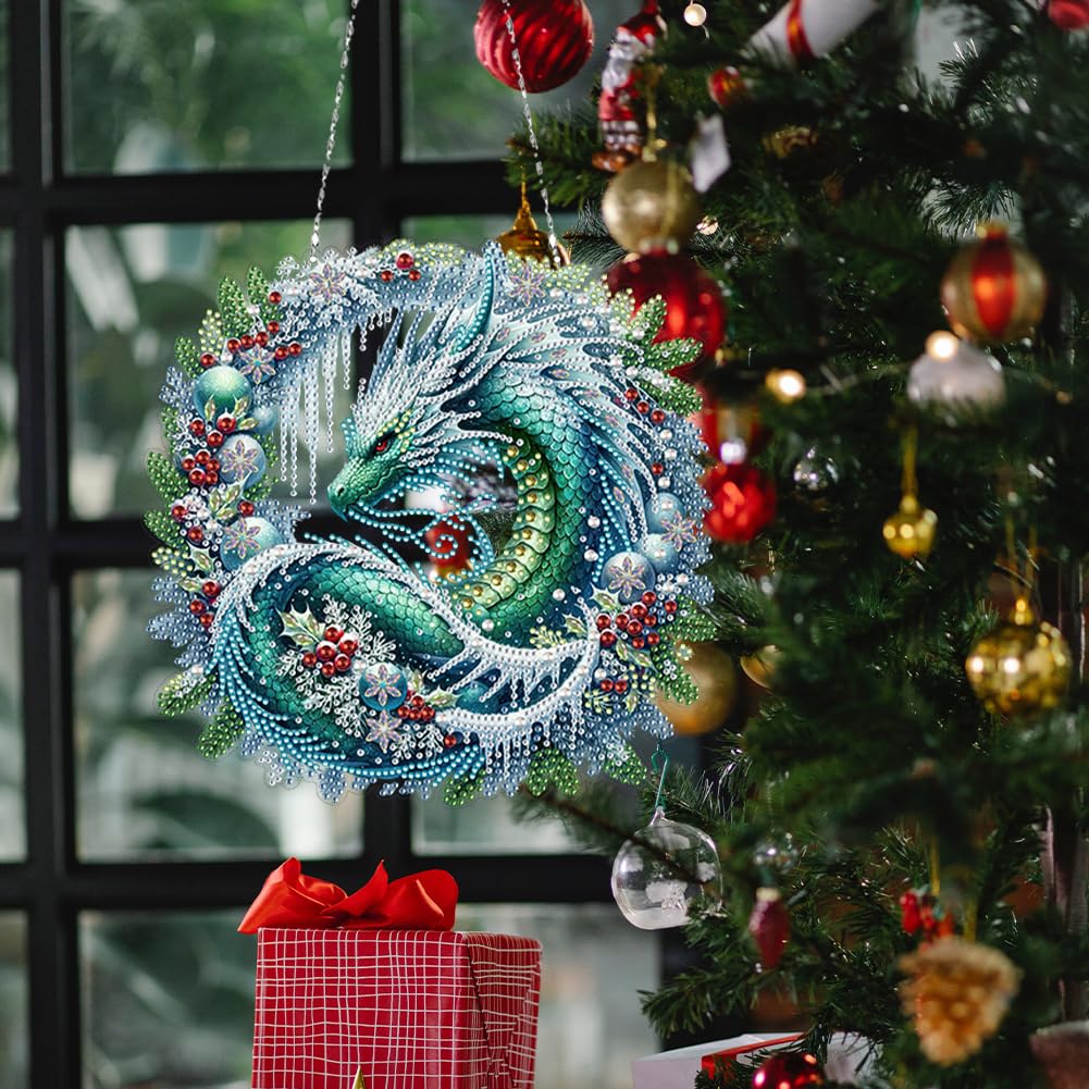 5D Diamond Art Painting Kits Hanging Pendant Dragon Wreath, DIY Crystal Art Hanging Sign Special Shaped Gem Art Ornament Kit for Home Décor and Gift, Double Sided, Box Package