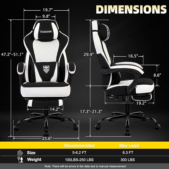 Vonesse Gaming Chair, Reclining Fabric Gaming Chairs for Adults 250LBS, Office Chair with Pocket Spring Cushion, Computer Chair with Footrest and Massage Lumbar Support (White/Black)
