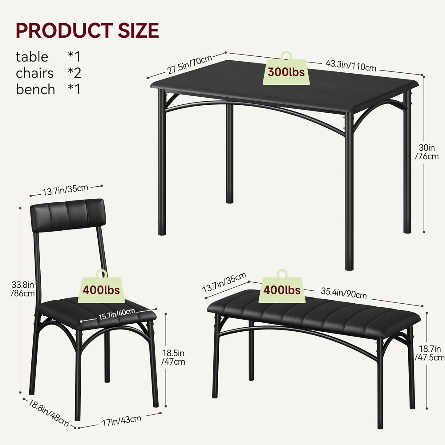 Garvee Dining Table Set for 4, Kitchen Table with Upholstered Bench and 2 Chairs, 4-Piece Wooden Dining Table Set for Apartment, Dining Room, Small Space, Black