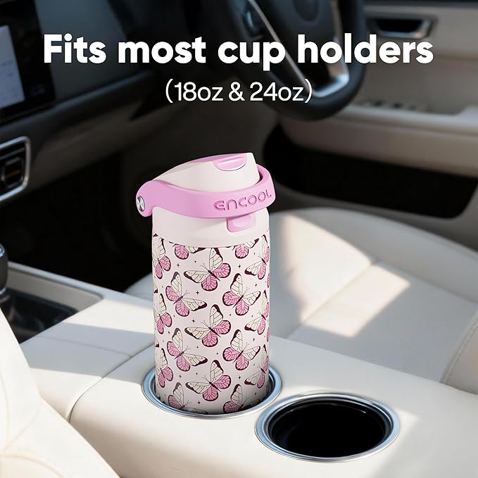 ENCOOL Leakproof Insulated Water Bottle with Straw Dual-Sip Water Bottle Bag-Safe Design for Work, Commute & Gym – Keeps Drinks Cold All Day, 32 oz, Blush Butterfly
