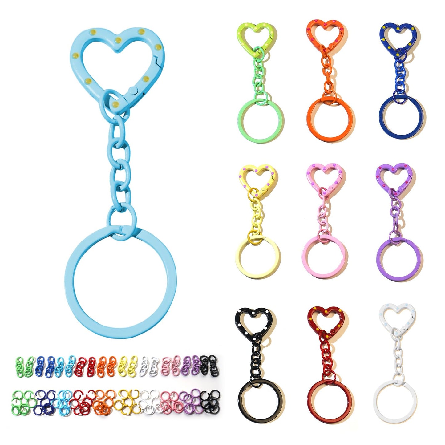 KSYN KO-KO 180PCS Heart Keychain Clasp DIY Set – Colorful Heart Clasps with Key Rings, Chains, and Jump Rings for Keychain, DIY Crafts, Bag Charms, Gifts and Party Favors – 30 Full Sets in 10 Colors