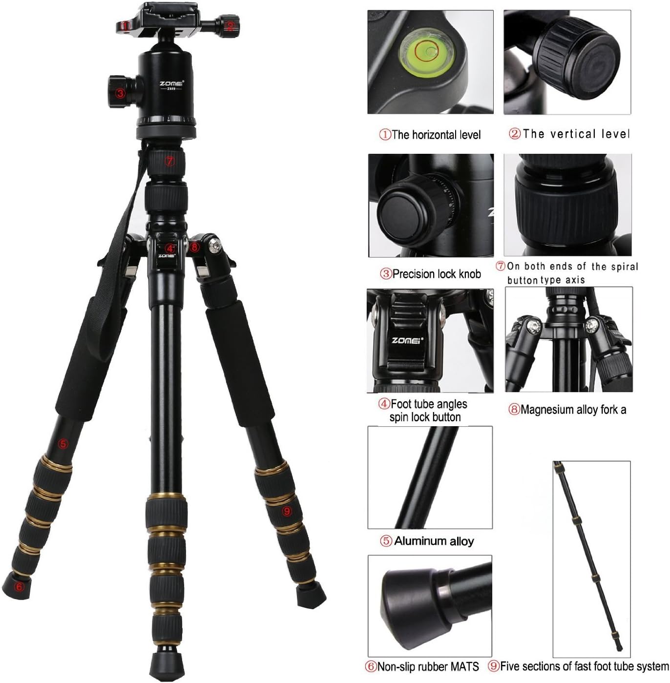 ZoMei Z669 Magnesium Aluminum Alloy Travel Camera Tripod with Ball Head for Canon,Sony,DSLR