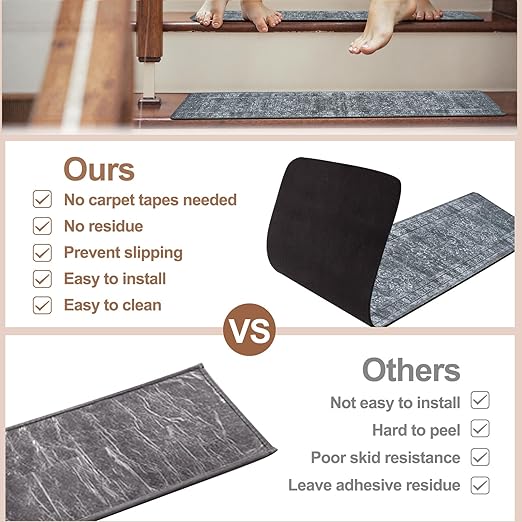 OJIA Vintage Stair Treads Non-Slip Stair Runner for Wooden Steps Indoor 15PCS 30"x8" Carpet Stair Treads Stair Mats Staircase Step Treads for Kids, Elders and Dogs, Stair Covers, Dark Gray