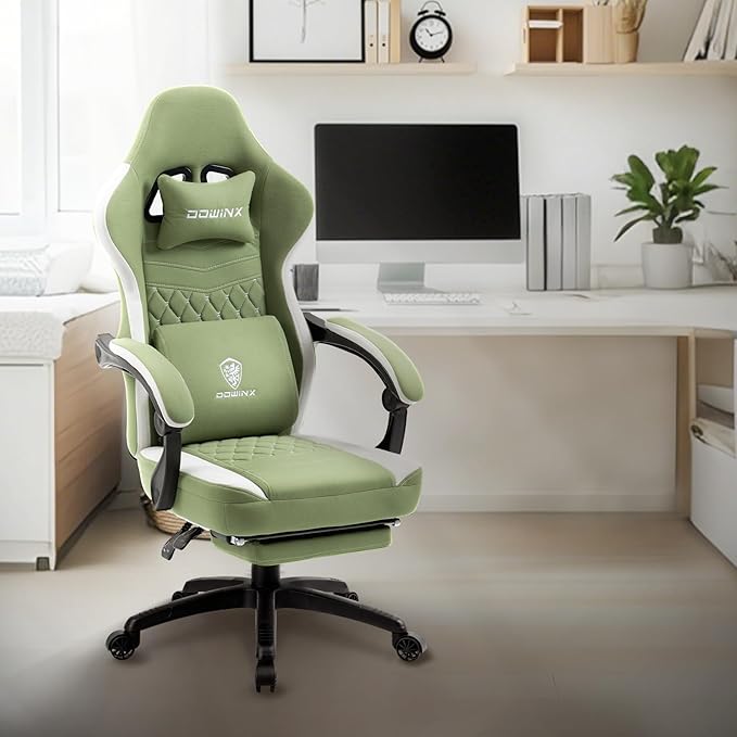 Dowinx Gaming Chair Breathable Fabric Game Chair with Gel Pad, Comfortable Gamer Chair with Pocket Spring Cushion, Ergonomic Computer Chair with Footrest and Storage Bag, Green