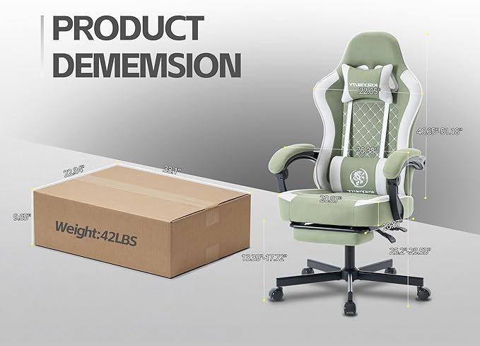 Gaming Chair for Adults with Footrest and Lumbar Support, Height Adjustable Game Chair with 360°-Swivel Seat and Headrest and for Office or Gaming (Green and White Fabric)