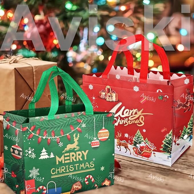 4PCS Christmas Gift Bags,Christmas Tote Treat Bags with Handles, Bags, Non-Woven Bags for Gifts Wrapping Shopping, Xmas Party Supplies