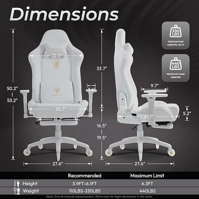 Dowinx Big and Tall Gaming Chair with Suede Fabric Breathable, Game Chairs for Adults with Oversized Thick Seat for 440lbs, Ergonomic Gamer Chair for Streaming & Long Gaming Sessions, White