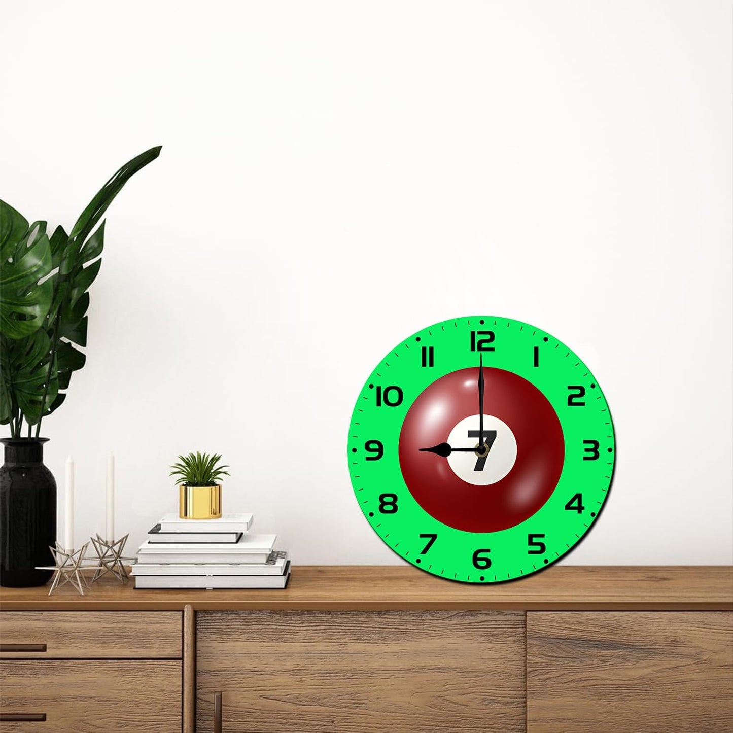 Soliyoahee Billiards Clock Round Wooden Wall Clock Home Decor Silent No Tick Battery Powered for Living Room Bedroom Kitchen Bathroom 10inch