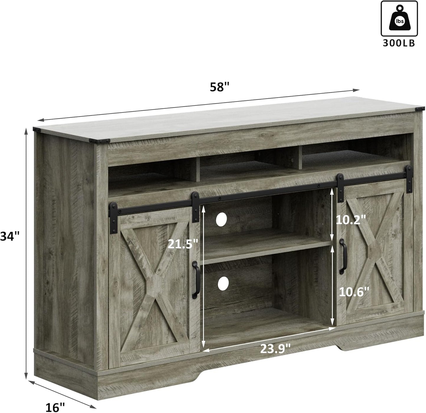 RoyalCraft Farmhouse TV Stand with Sliding Barn Door for TVs up to 65+ Inch, 34" Tall Entertainment Center, Wood Media Console Storage Cabinet for Bedroom, Living Room, Light Grey