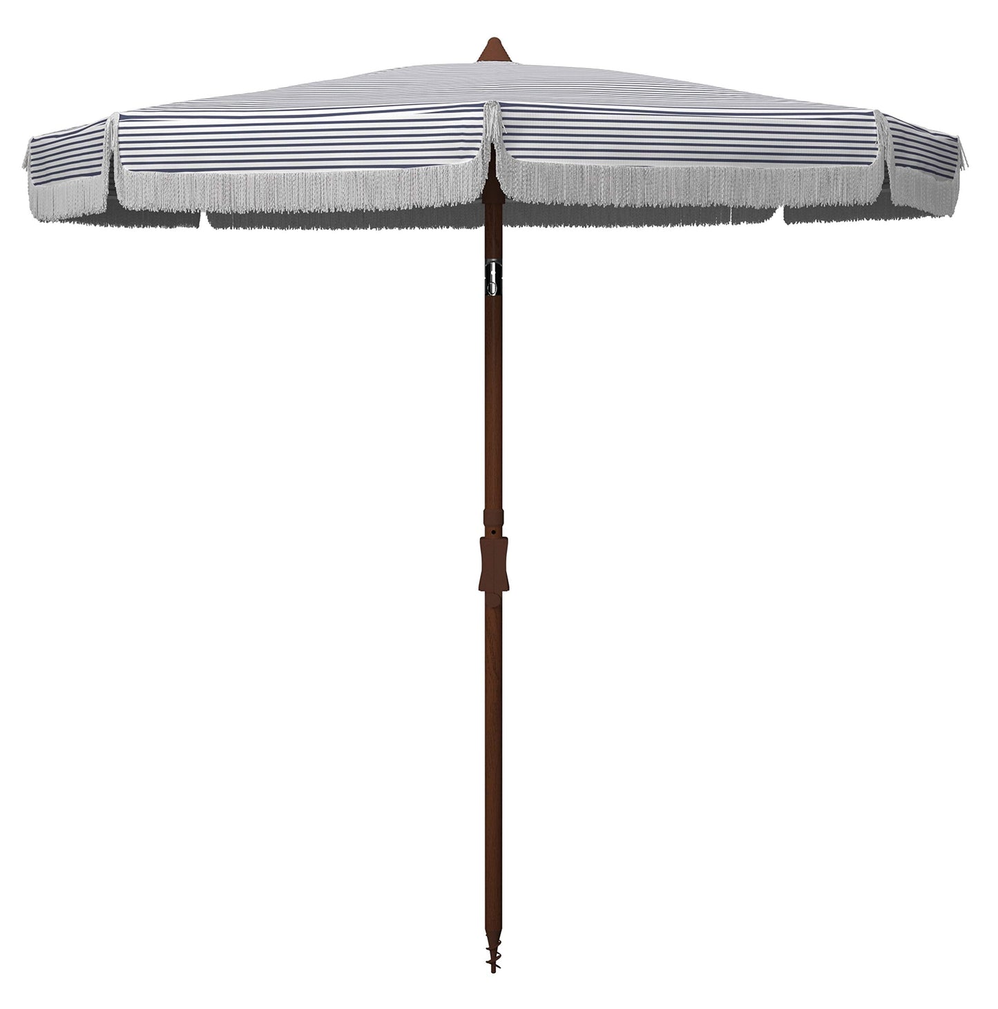 SAFAVIEH 6.5ft Outdoor Patio Umbrella, Round, Copen Collection, White & Navy Stripe, Fringe Trim, Button Tilt, UV Resistant for Deck, Backyard, Poolside (PAT8501B)