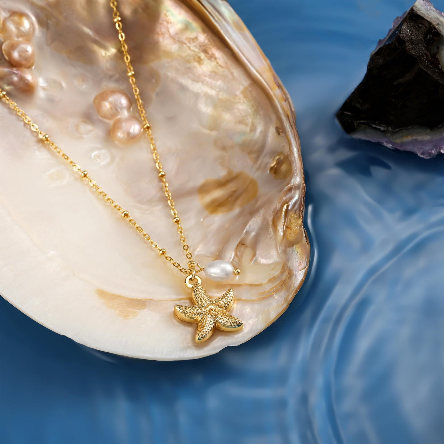 Picuzzy 14K Gold Plated Starfish Pendant Necklace for Women Trendy, Sea Star Fish Beach Necklace Ocean Coastal Tropical Nautical Vacation Summer Jewelry Pearl Accessories for Women