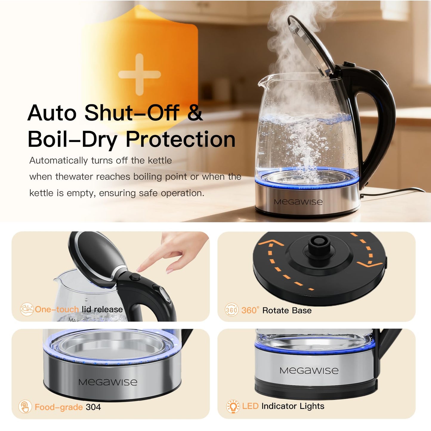 MEGAWISE 1.8L Electric Kettle CX-817 - Fast Boil, Auto Shut-Off, Boil-Dry Protection, (1.8L)