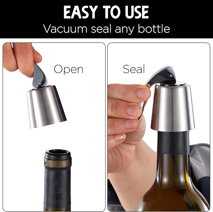 Stainless Steel Bottle Sealer & Wine Topper – Premium Wine Lover Gifts, Wine Gifts for Women and Men – Airtight Champagne Stopper for Sparkling Wine – Wine Essentials Gifts