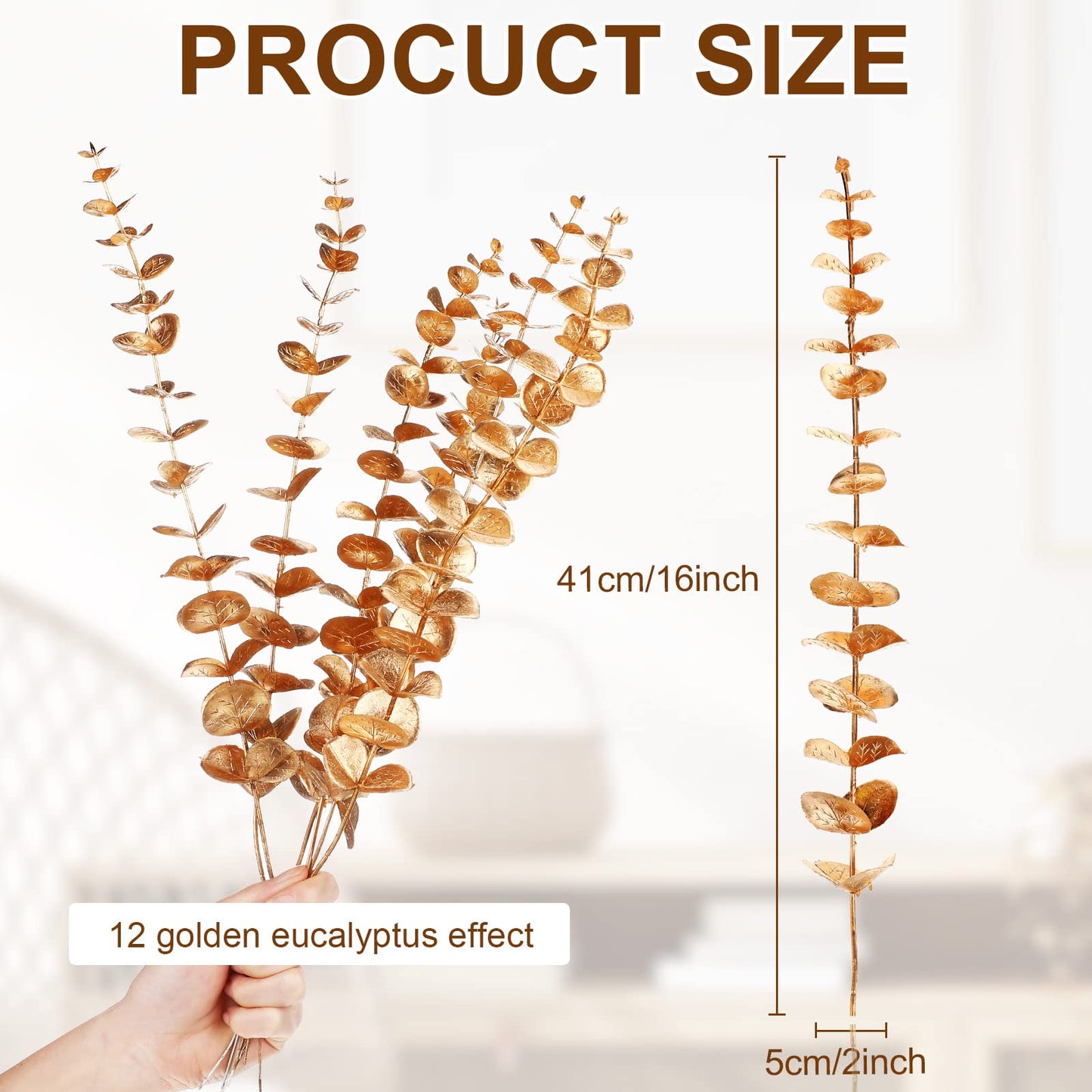 Waydress 12 Pieces Gold Eucalyptus Stem 16 Inch Artificial Eucalyptus Spray Fake Leave Decor Fall Faux Floral Arrangement Faux Flower for Wedding Party Bouquet Home Farmhouse Vase DIY Craft