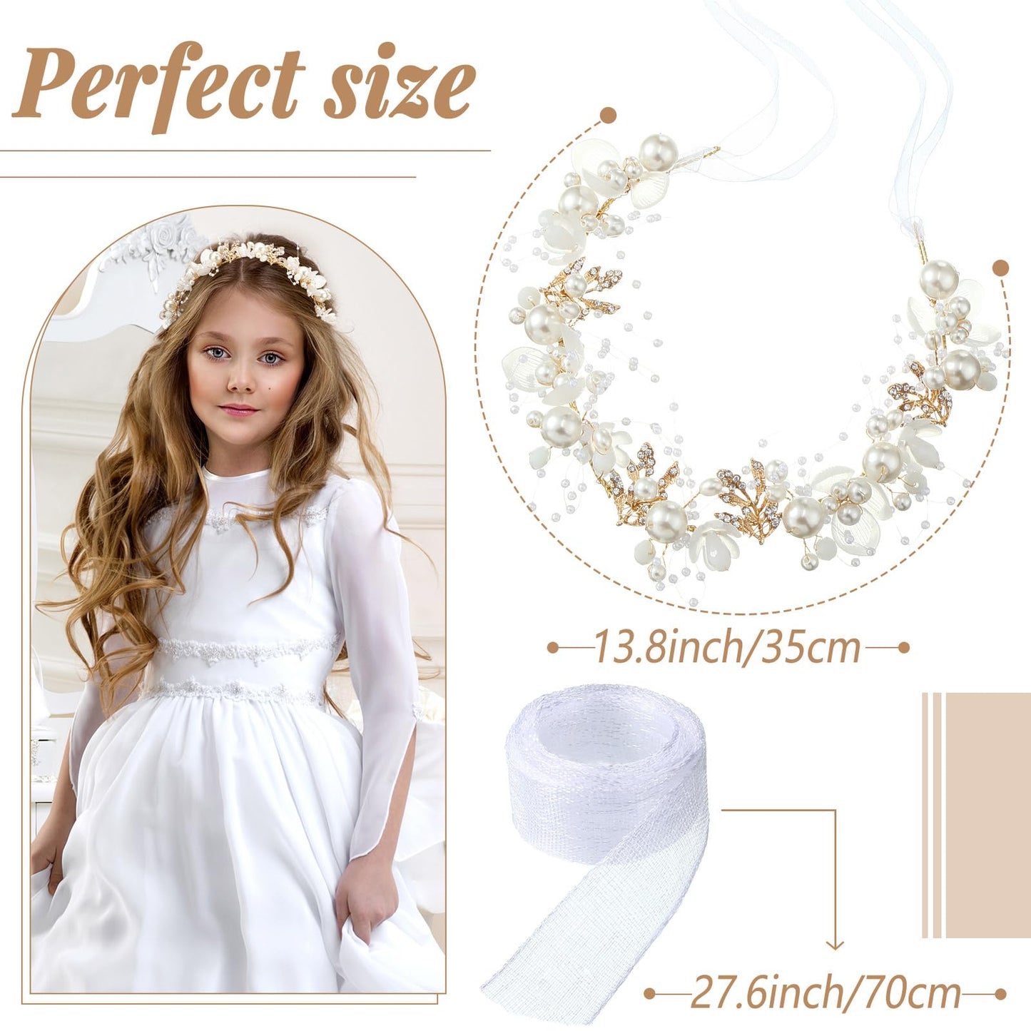 Retrowavy 2 Pcs Flower Girl Headpiece, Flower Girl Hair Accessories Rhinestone Crystal Princess Pearl Headband Bridal Hair Headband for Wedding First Communion(Gold)