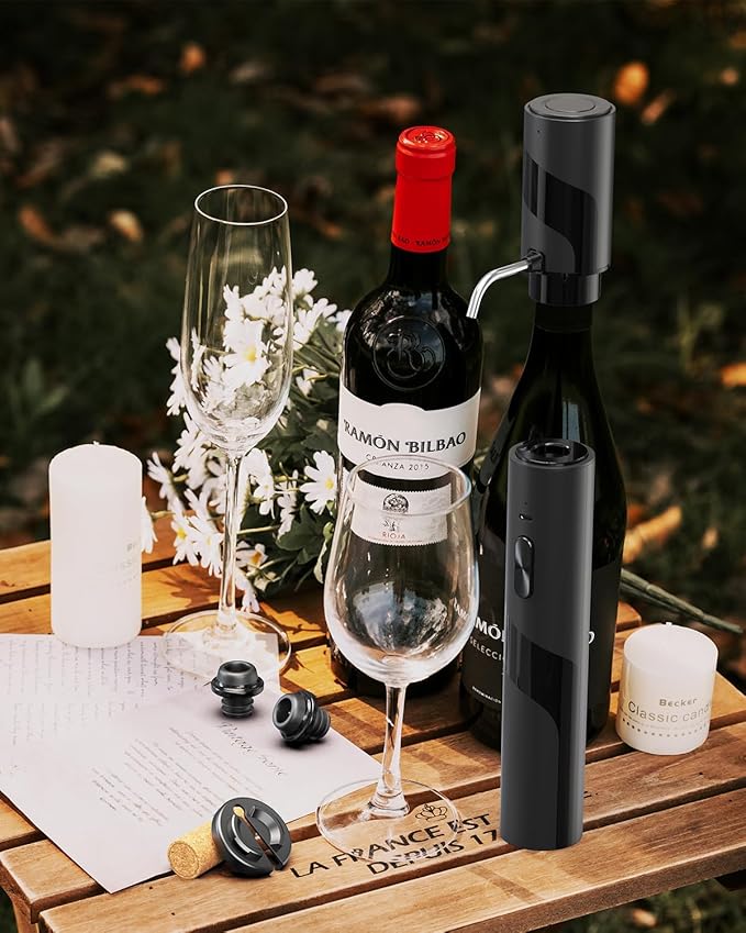 CIRCLE JOY Electric Wine Bottle Opener Set Rechargeable 7-in-1 Wine Set with Foil Cutter, Electric Wine Opener, Electric 2in-1 Wine Aerator & Pourer, Electric Vacuum Pump and 2 Wine Stoppers, Black