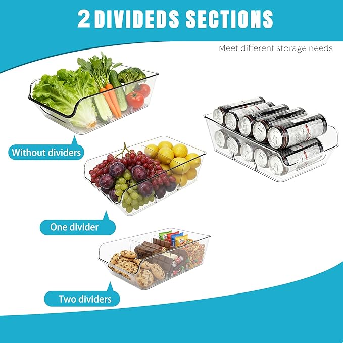Pantry Organizers and Storage,Clear Plastic Containers with 2 Dividers for Kitchen,Fridge,freezer Organization and Storage,Acrylic Bins for Pounches,Spice Packet,Snack organzier (2 Pack)