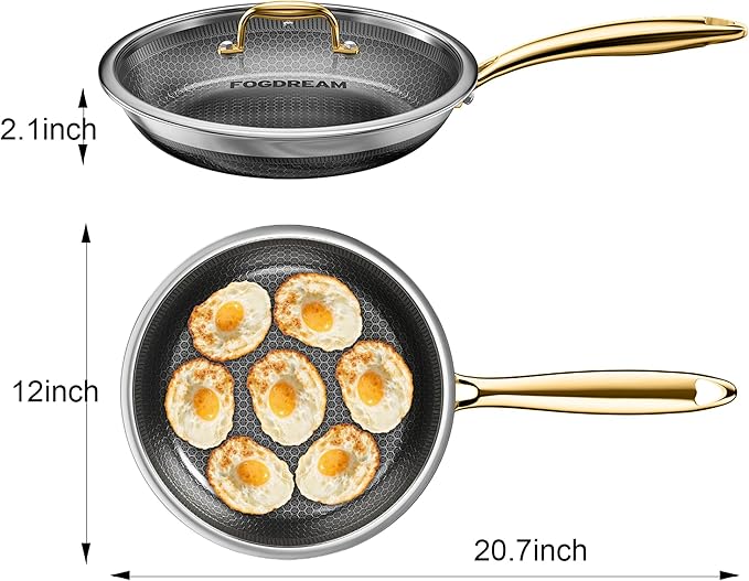 FogDream 12 Inch Non Stick Frying Pans, Stainless Steel Skillet with Tempered Glass Lid Tri-Ply Stainless Steel for All Cooktops, Dishwasher & Oven-Safe Cooking Pan, Stay-Cool Handle, Gold