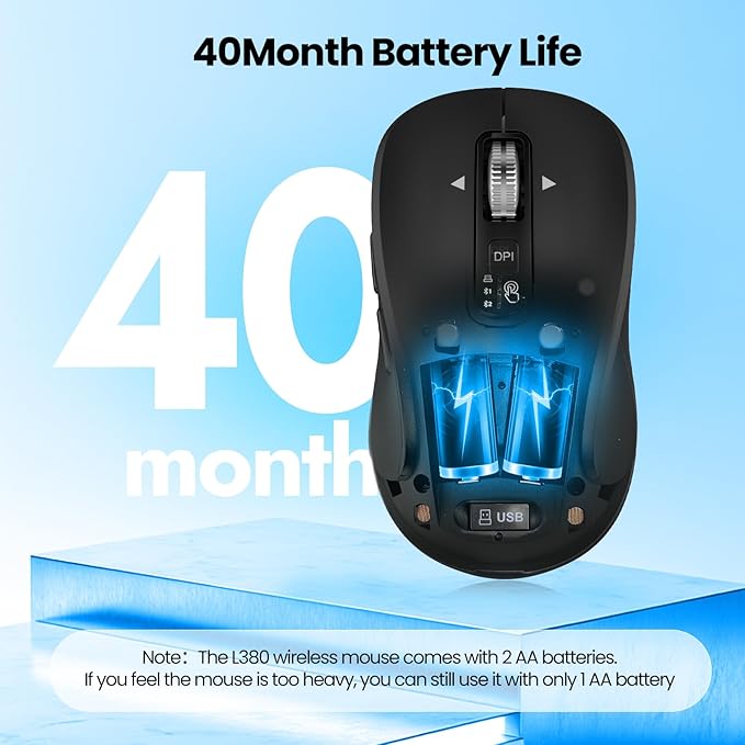 Full-Size Silent Wireless Mouse, 2 Bluetooth + 1 USB Multi-Mode, 4-Way Scrolling, Adjustable DPI, Side Buttons, Long Battery Life, Compatible with Laptop/Tablet/MacBook/iPad