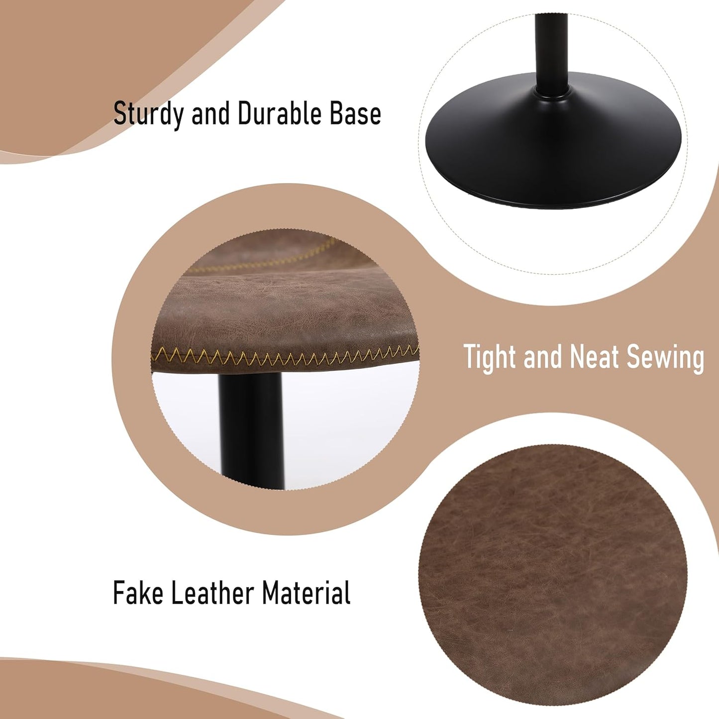 Bar Stools, Swivel Counter Height Barstools with Back, Adjustable Modern Bar Chairs, Tall Armless PU Leather Kitchen Island Stool (Brown, Set of 4)