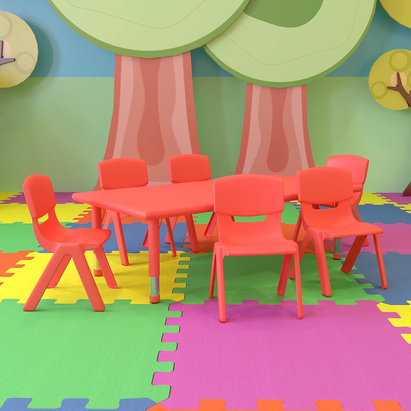 Flash Furniture Emmy 24''W x 48''L Rectangular Red Plastic Height Adjustable Activity Table Set with 6 Chairs