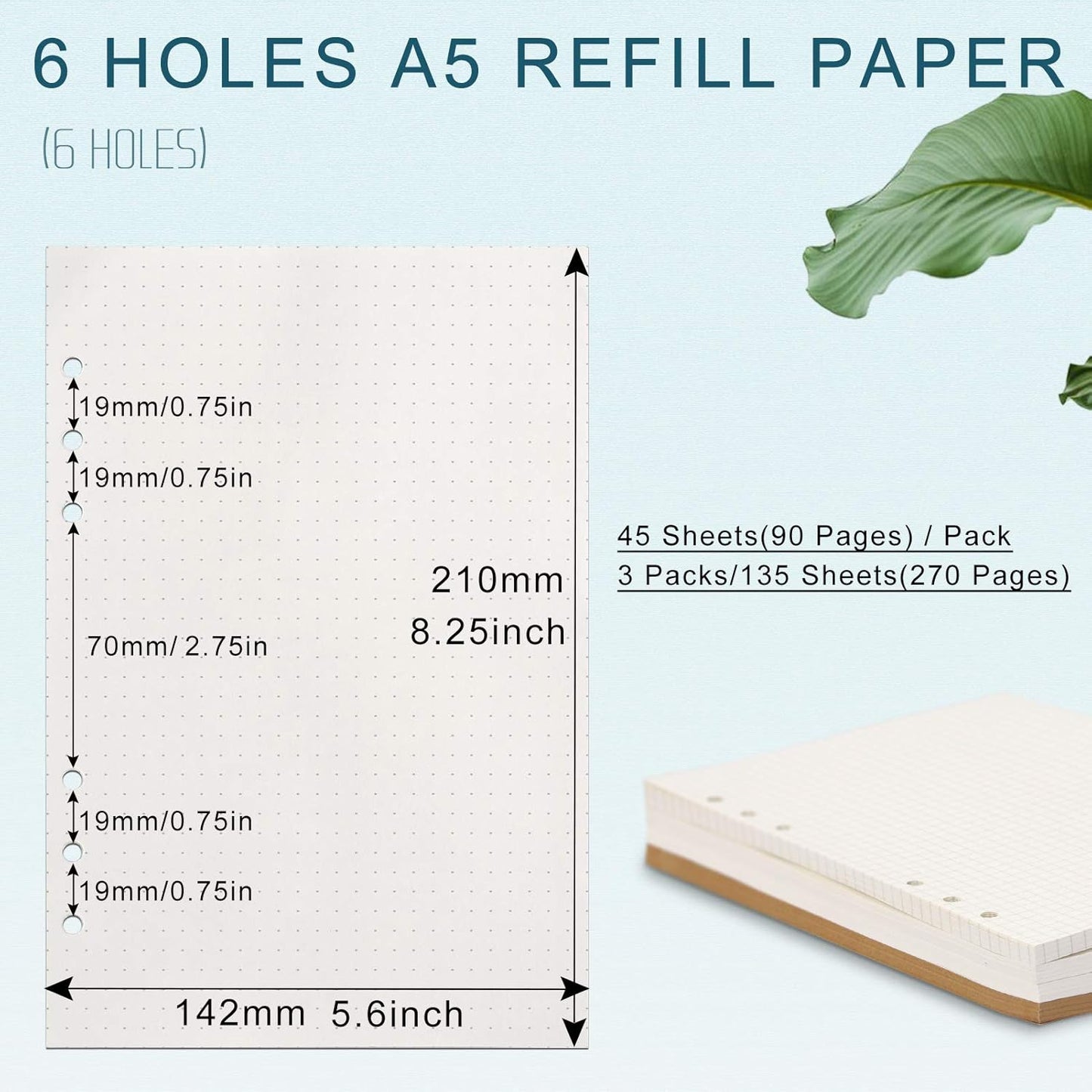 Toplive [3 Pack] A5 Refill Paper - 100GSM Thick 6 Hole Filler Inserts, 135 Sheets (270 Pages) for 6 Ring Binder Journal Notebook, Dotted