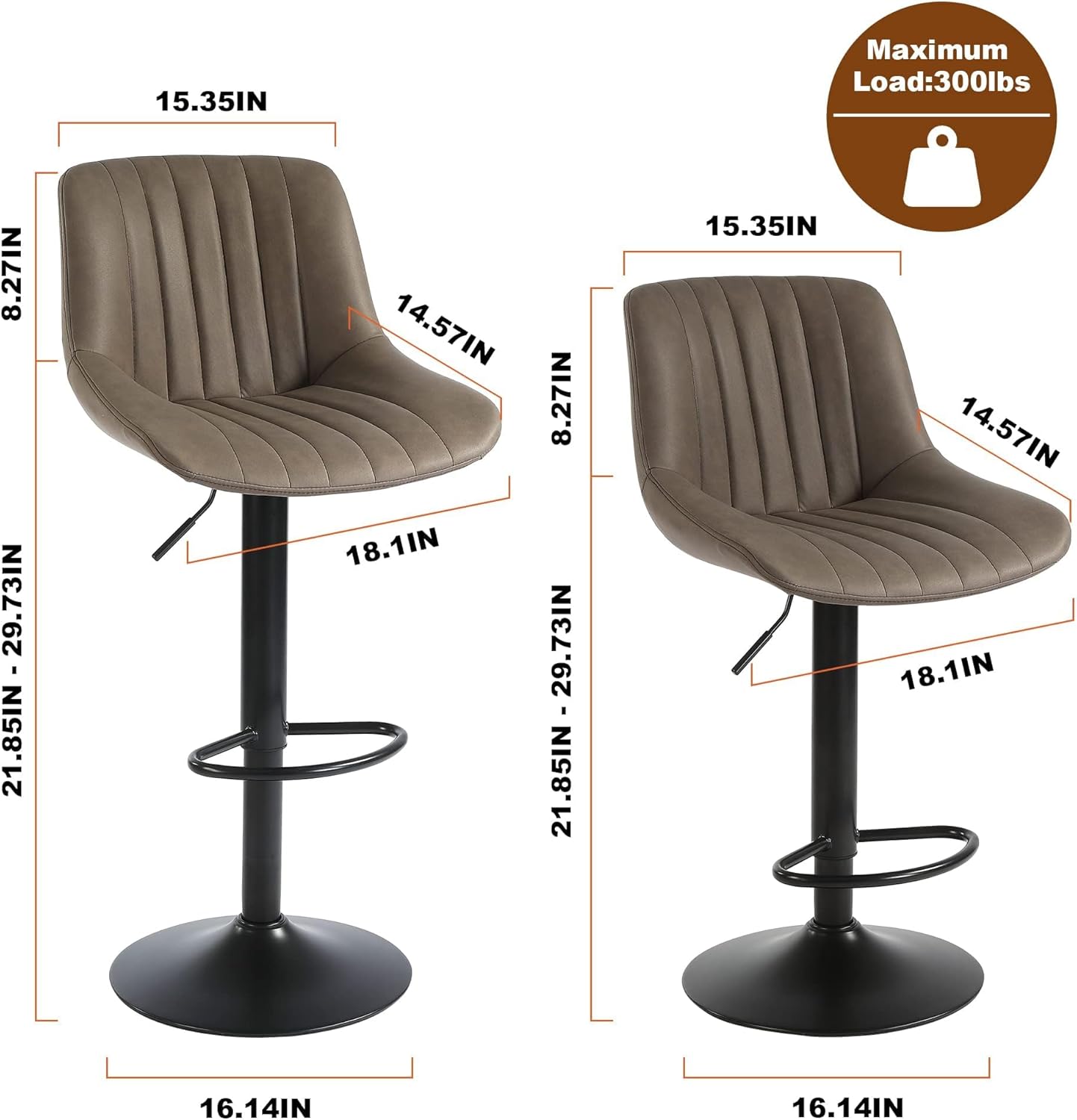 Bar Stools Set of 4, Swivel Counter Height Barstools with Back, Adjustable PU Leather Bar Chairs, Modern Armless Kitchen Island Stool, Brown