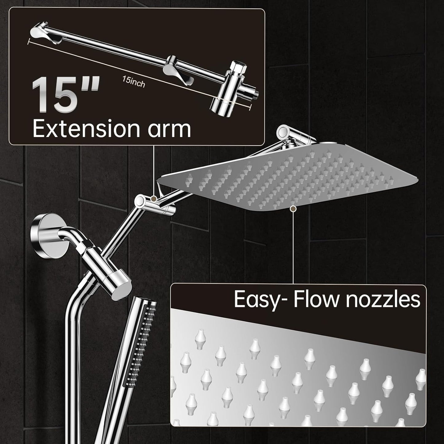 Veken 10" Luxurious All Metal Rain Shower Head with Handheld, High Pressure Rainfall Shower Heads wih Extension Arm, Wide Dual Showerhead with Spray Combo, Bathroom Accessories, Chrome, Silver