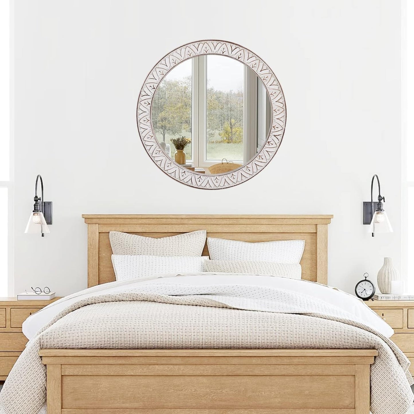 20" Round Rustic Mirror Wooden Frame Circle Mirrors, Distressed Wall Mounted Mirror for Bathroom, Bedroom, Living Room, Entryway, Fireplace, Hall