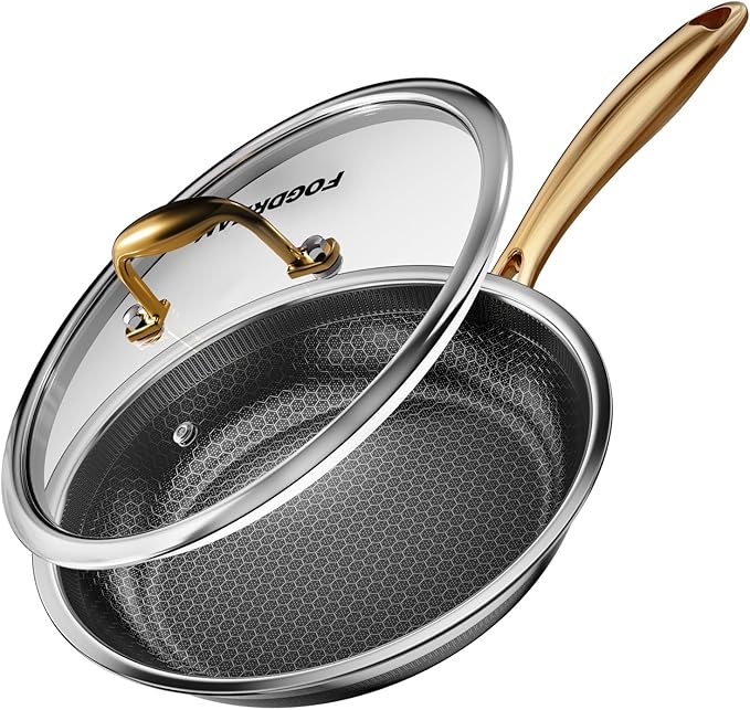 FogDream 10 Inch Non Stick Frying Pans, Stainless Steel Skillet with Tempered Glass Lid Tri-Ply Stainless Steel for All Cooktops, Dishwasher & Oven-Safe Cooking Pan, Stay-Cool Handle, Gold