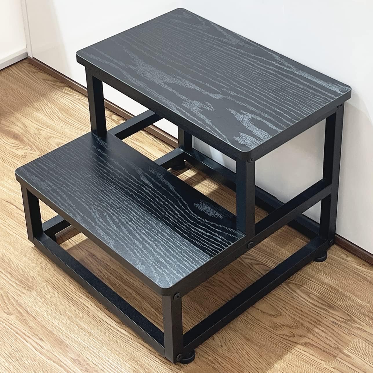Step Stool, Bedside Steps for High Beds with Round Corners, 2 Steps Footstool for Adults, Metal and Wood Stepping Stool for Kitchen Bedroom, Load 500 LB, Black