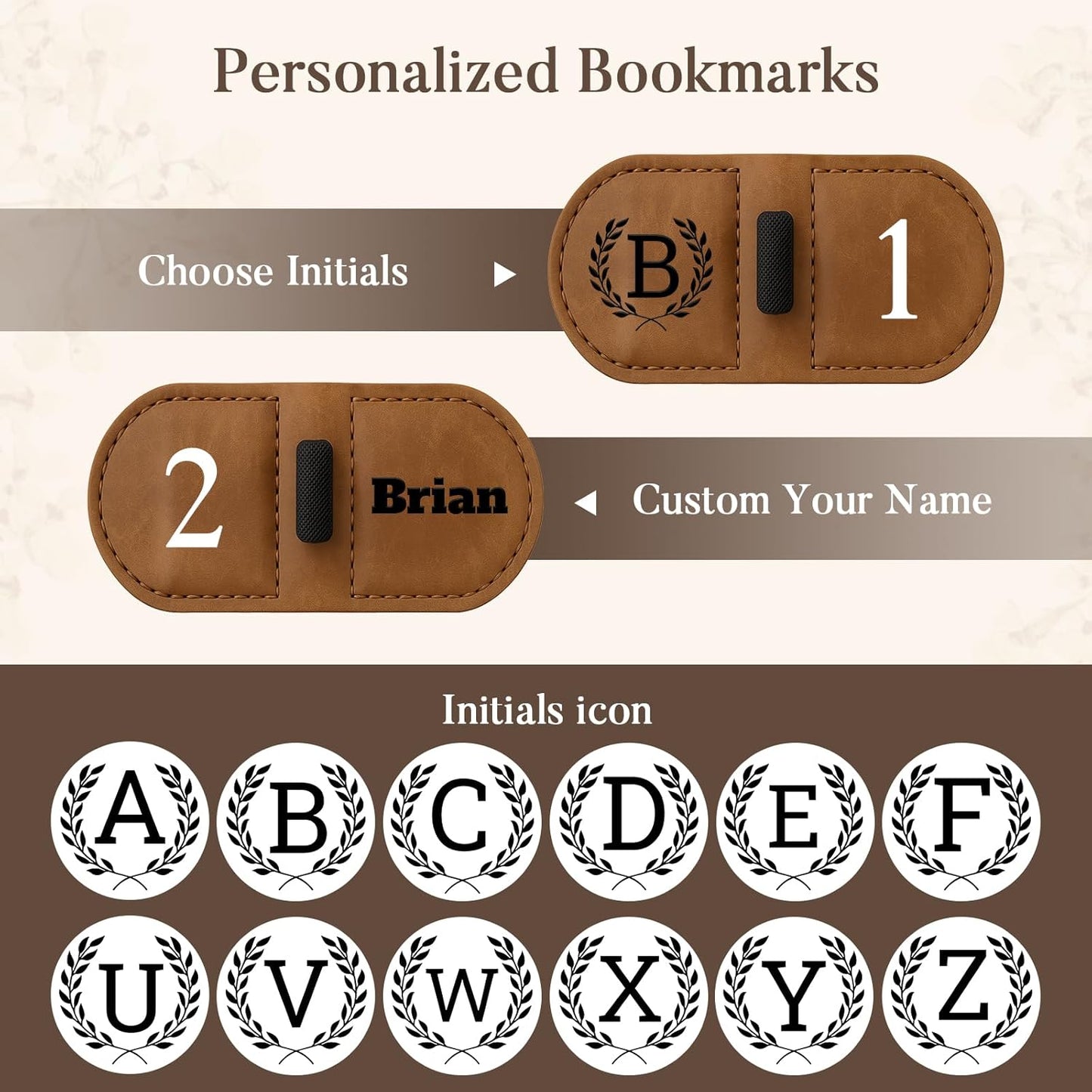 Personalized Bygone Mark Bookmark with Pen Holder,Engraving Leather Magnetic Bookmarks Vintage 26 Letters Name Initials Text Book Marker Clips Gifts for Reading Book Lovers Women (Coffee, S)