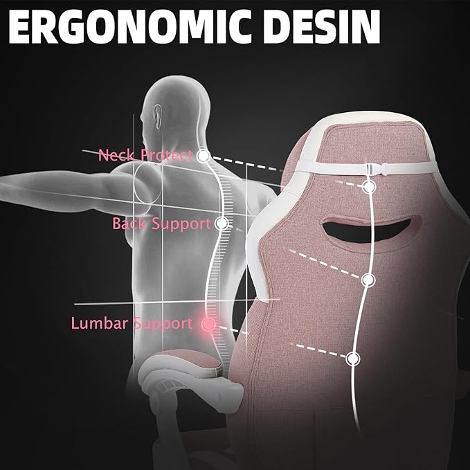 Vonesse Gaming Chair, Reclining Fabric Gaming Chairs for Adults 250LBS, Office Chair with Pocket Spring Cushion, Computer Chair with Footrest and Massage Lumbar Support (Pink)