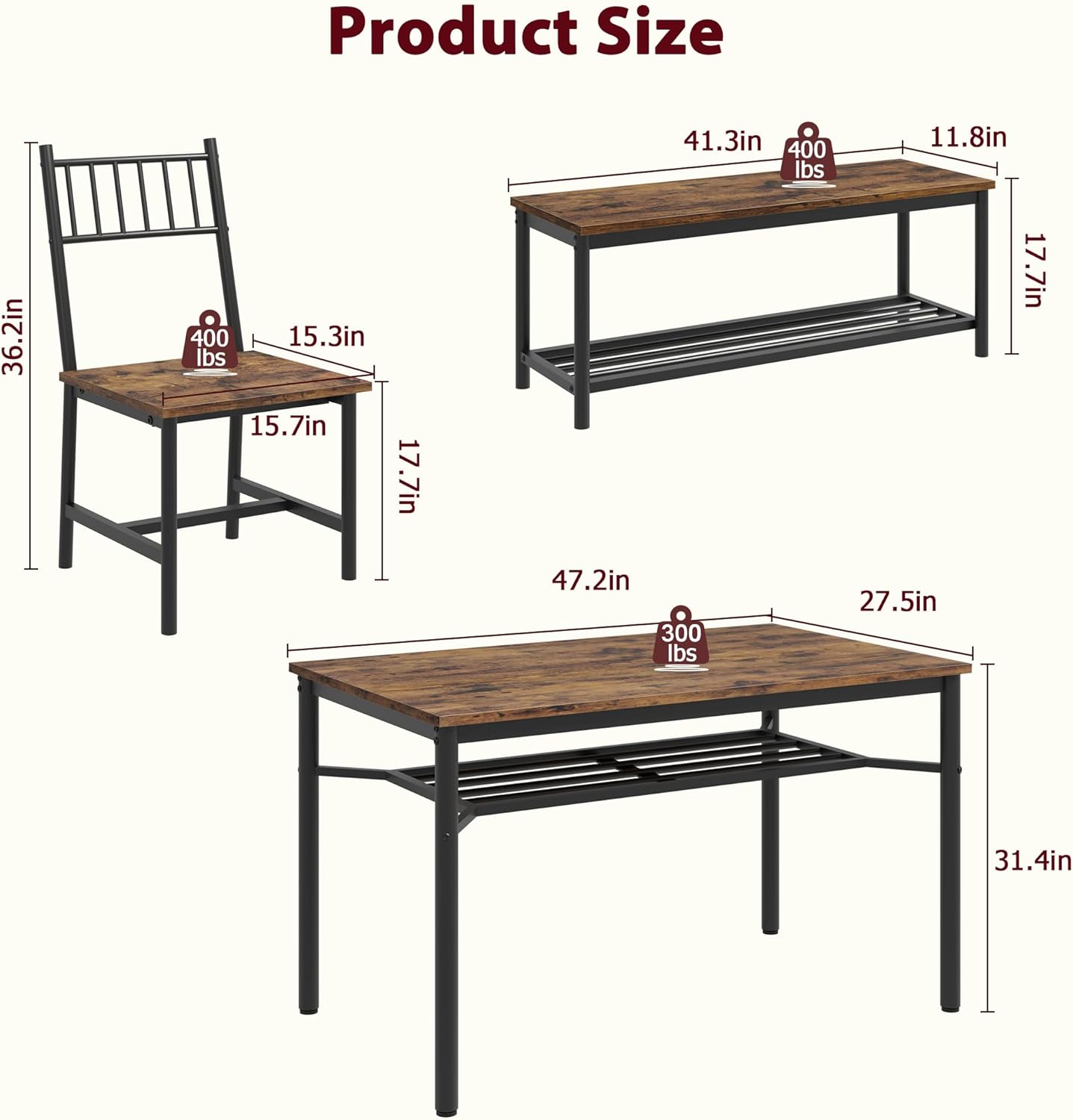Dining Table Set for 4 with 2 Benches, 3-Piece Kitchen Table Set, Space-Saving Dining Set for Kitchen, Dining Room, Brown