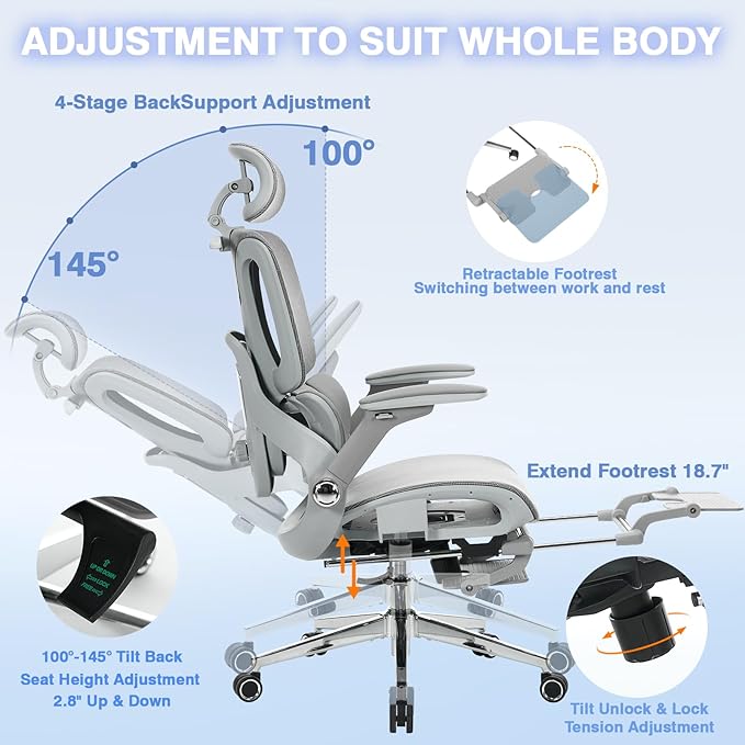Ergonomic Mesh Office Chair with 4D Armrests, High Back Desk Chair Computer Gaming Chairs with Footrest, Adjustable 3-Zone Dynamic Lumbar Support, Ergonomic Office Chair with Wheels, Gray