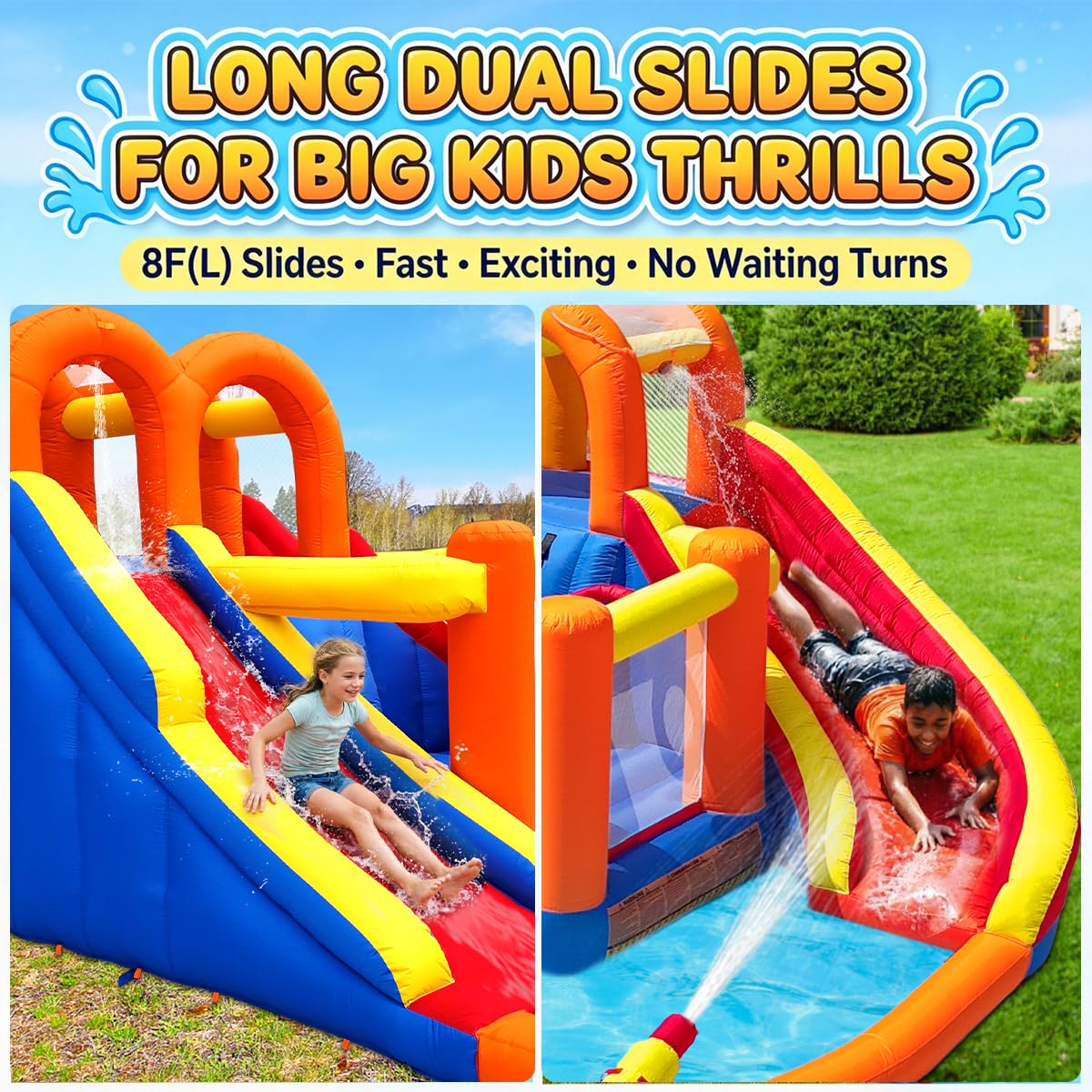 HuaKastro [Upgraded Version] Bounce House Water Slide Combo for Big Kids 8-12, Water Bounce House with Dual Long Slides & Big Splash Pool, Backyard Water Park for Kids 3-12