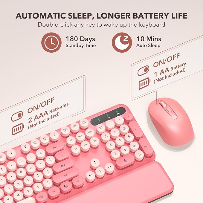 Wireless Keyboard and Mouse Combo, Retro Keyboard with Round Keycaps, Full-Size Typewriter Style Keyboard with Detachable Wrist Rest, 2.4GHz Only Cordless Connection for Windows/PC/Laptop (Baby Pink)