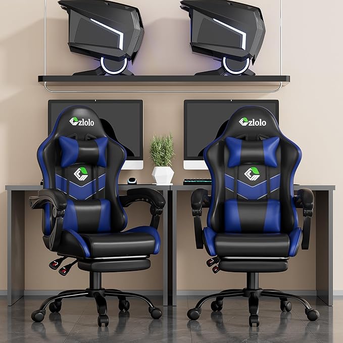 Gaming Chair with Footrest Racing Style Lumbar Support Massager Video Game Chair with Metal Legs, High Back Gamer Chair with Headrest, 360° Swivel Office Computer Desk Chair, Bright Blue