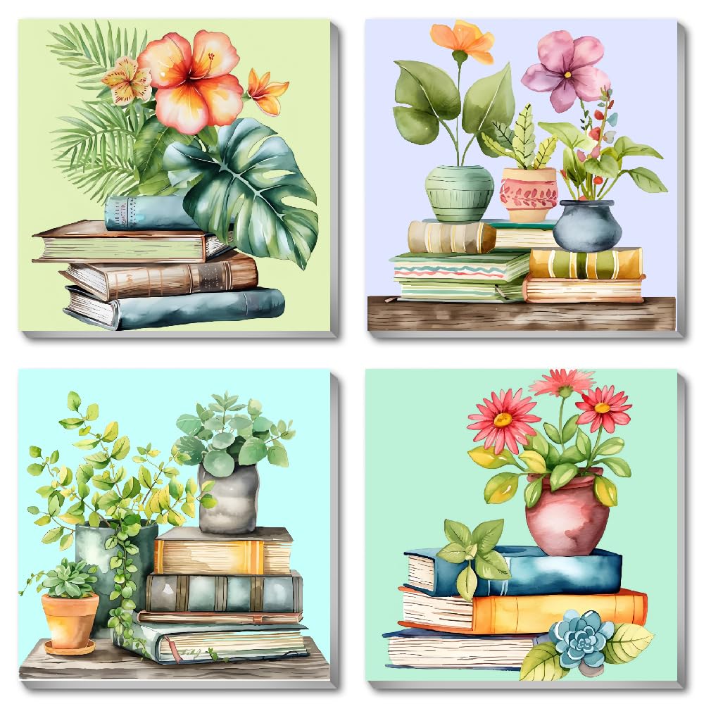 Fotasmua 4 Pack Framed Paint by Numbers for Adult, Book Paint by Numbers Kit for Adults Kids, DIY Flowers Plant Acrylic Painting on Canvas for Home Wall Art Decor 8 x 8 Inch