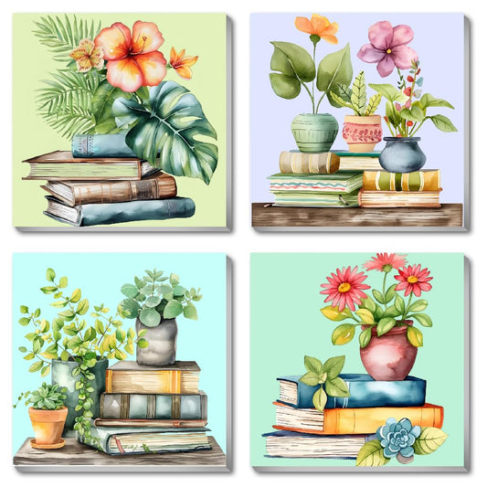 Fotasmua 4 Pack Framed Paint by Numbers for Adult, Book Paint by Numbers Kit for Adults Kids, DIY Flowers Plant Acrylic Painting on Canvas for Home Wall Art Decor 8 x 8 Inch