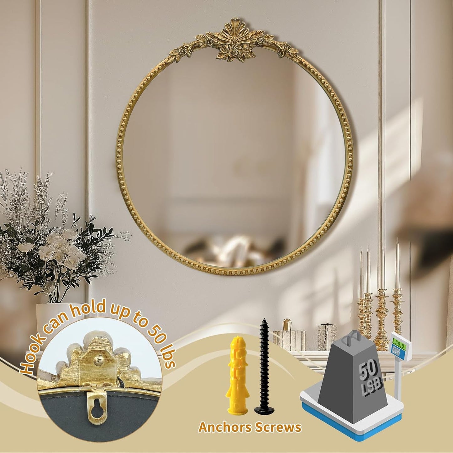 Round Gold Mirror,28inch Baroque Style Vintage Decorative Circle Wall Mirror for Living Room, Bedroom, Bathroom, and Entryway,Antique Gold