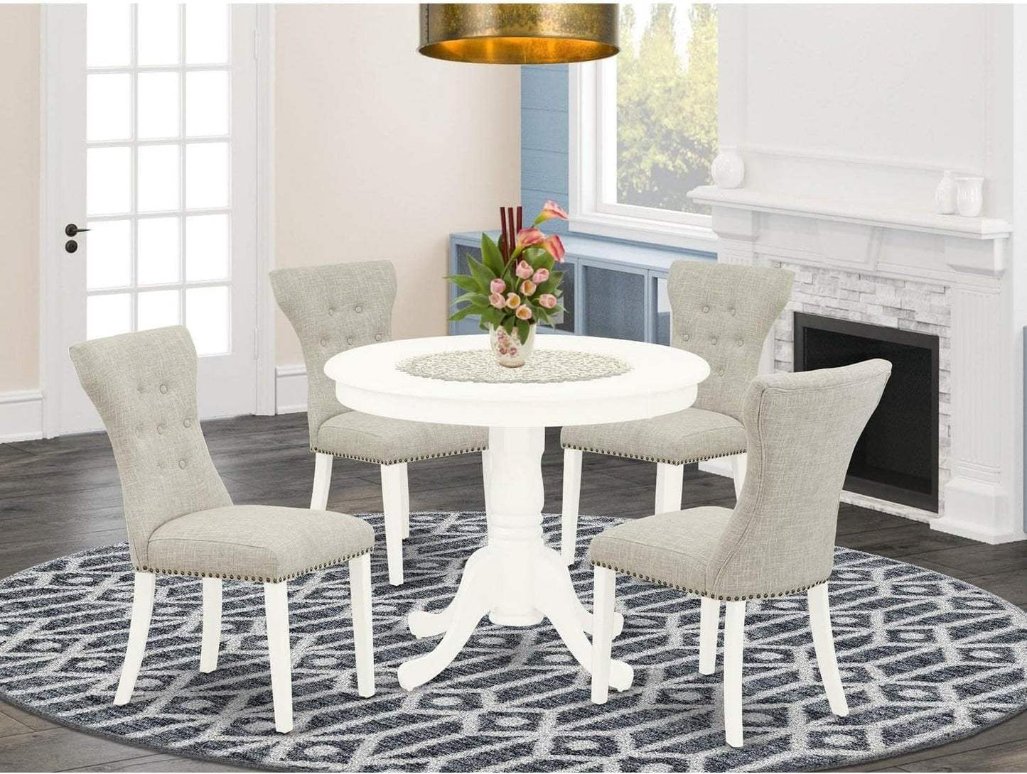 East West Furniture ANGA5-LWH-35 5 Piece Dining Table Set for 4 Includes a Round Kitchen Table with Pedestal and 4 Doeskin Linen Fabric Upholstered Parson Chairs, 36x36 Inch, Linen White