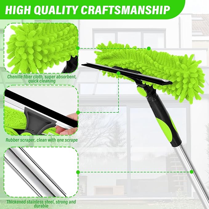 2.1m/84in Window Cleaning Squeegee Tools, 3-in-1 Window Washing Kit with 5 Extension Pole, 2 Microfiber Cloth Brush & Squeegee, Telescopic Window Cleaner Tool for High Window, Car Glass