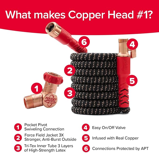Pocket Hose Copper Head Expandable Garden Hose 100 ft with Pocket Pivot, No Tangles, AS SEEN ON TV, 360° Swivel, Tri-Tex Tubing, Force Field Jacket, Lead-Free, No-Kink, Anti-Burst w/APT